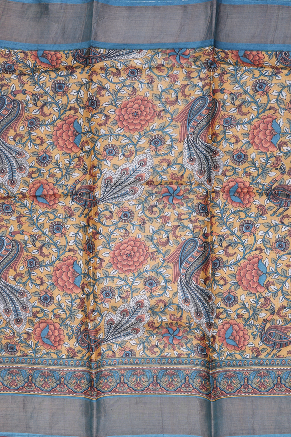 Tussar Silk Saree In Light Orange With Floral Design