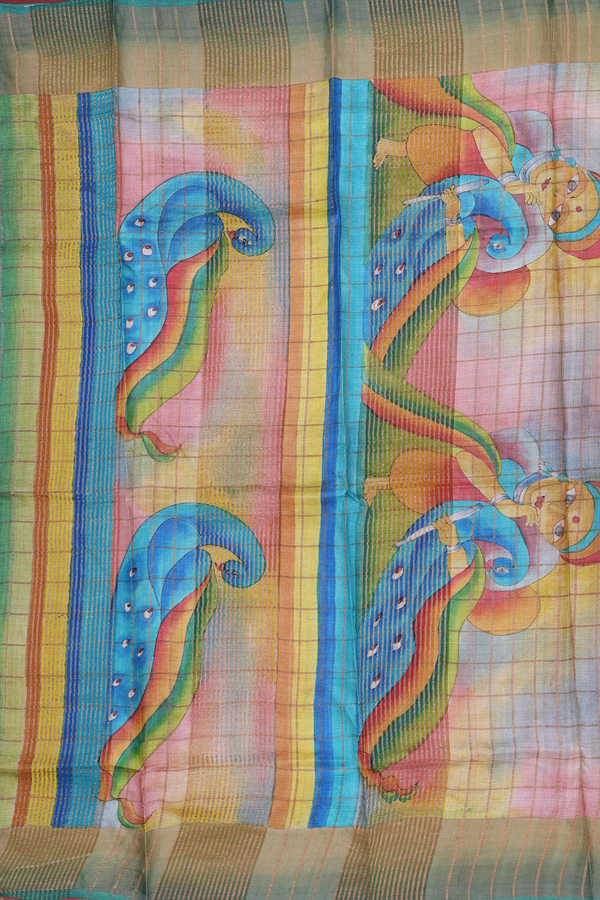 Tussar Silk Saree In Multicolor With Checks Design