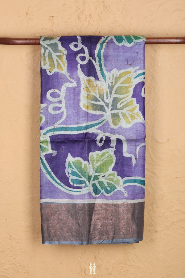 Tussar Silk Saree In Purple With Leaf Design
