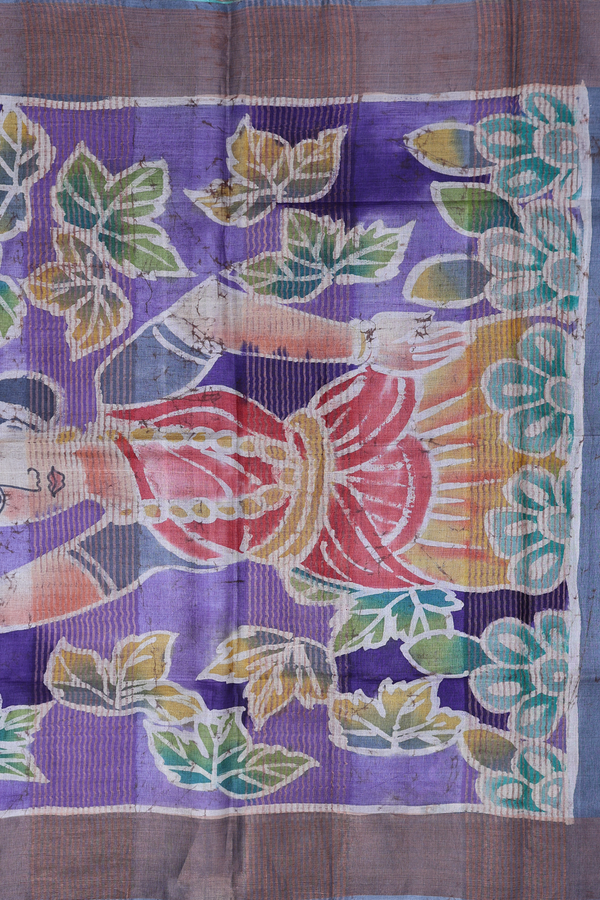 Tussar Silk Saree In Purple With Leaf Design