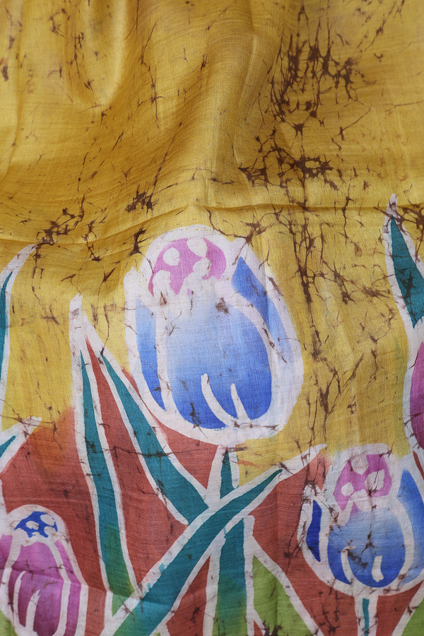 Tussar Silk Saree In Yellow With Floral Printed Design