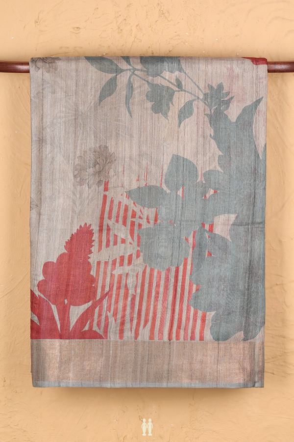 Tussar Silk Saree In Grey With Floral Printed Design
