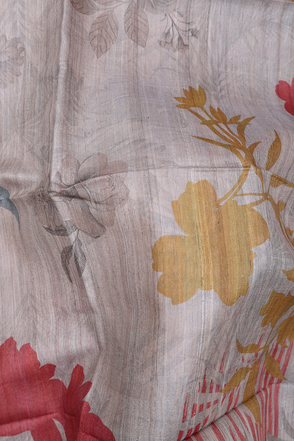 Tussar Silk Saree In Grey With Floral Printed Design