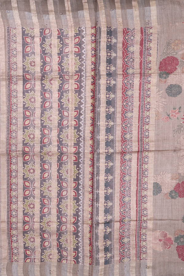 Tussar Silk Saree In Brown With Floral Design