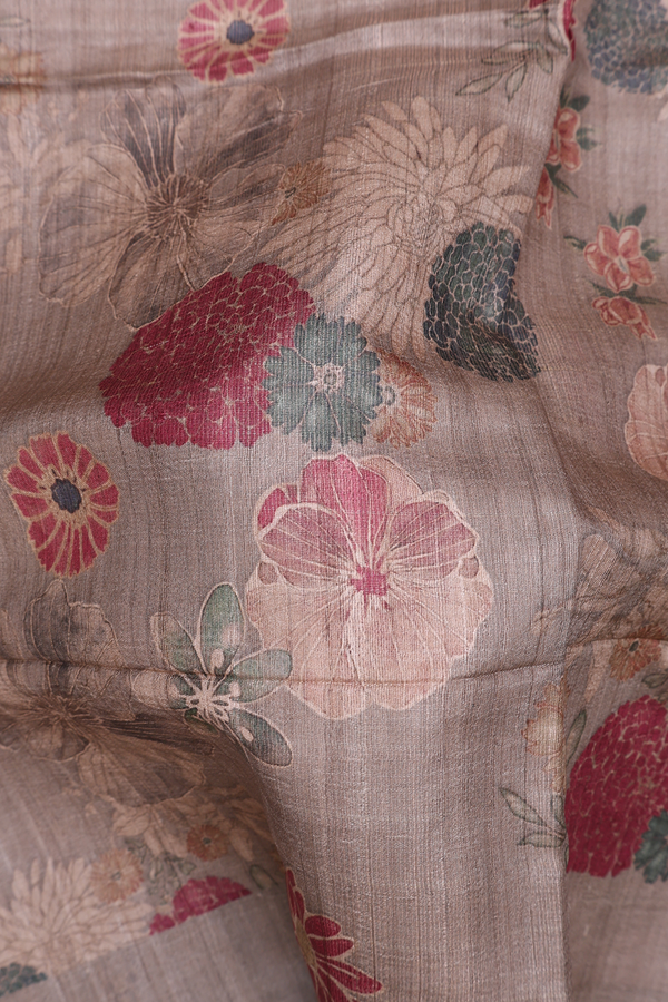 Tussar Silk Saree In Brown With Floral Design