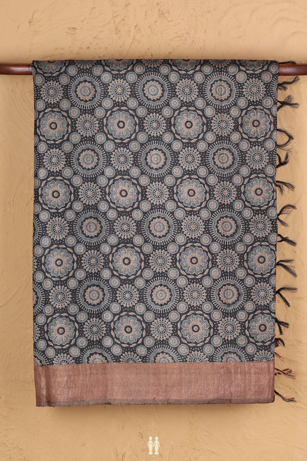 Tussar Silk Saree In Charcoal Grey With Ajrakh Printed Design