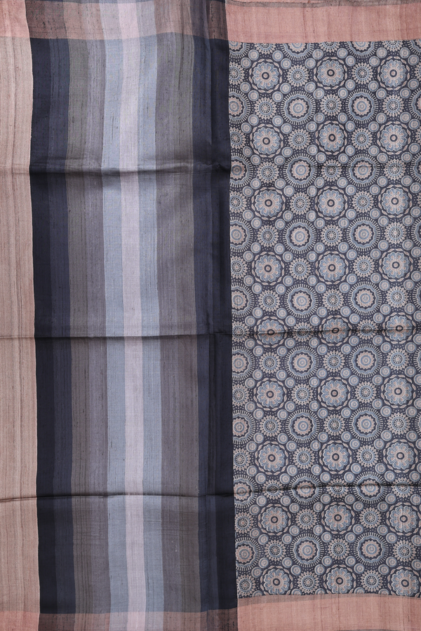 Tussar Silk Saree In Charcoal Grey With Ajrakh Printed Design