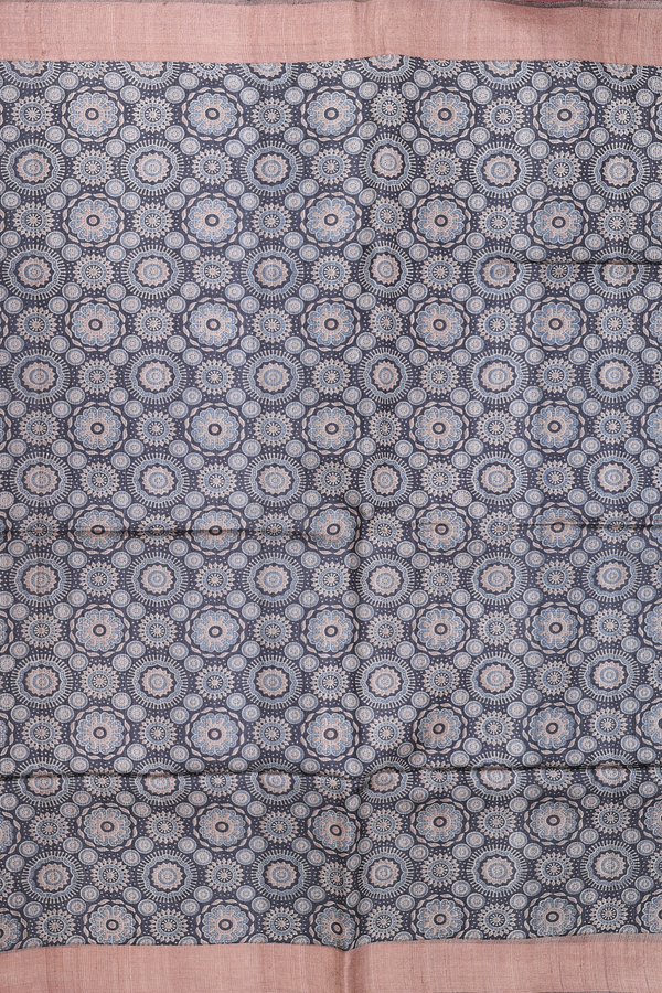 Tussar Silk Saree In Charcoal Grey With Ajrakh Printed Design