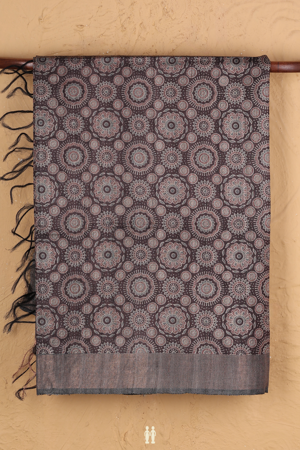 Tussar Silk Saree In Greyish Brown With Ajrakh Printed Design