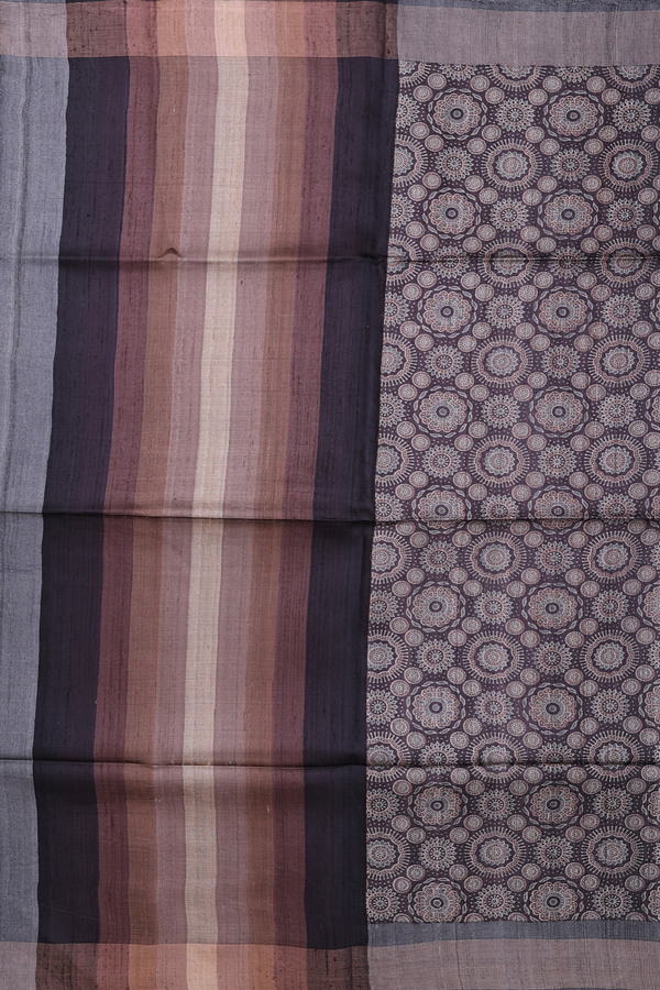Tussar Silk Saree In Greyish Brown With Ajrakh Printed Design