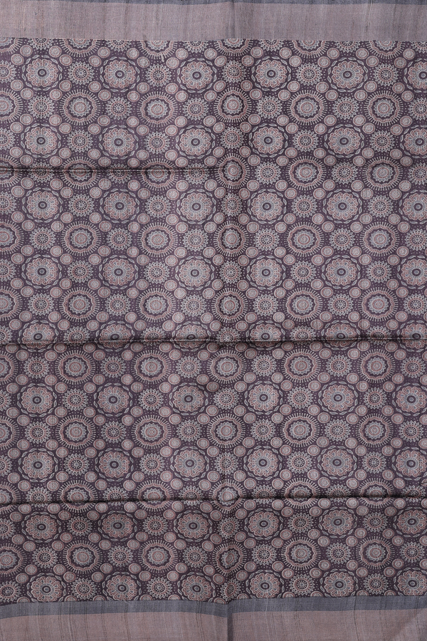 Tussar Silk Saree In Greyish Brown With Ajrakh Printed Design