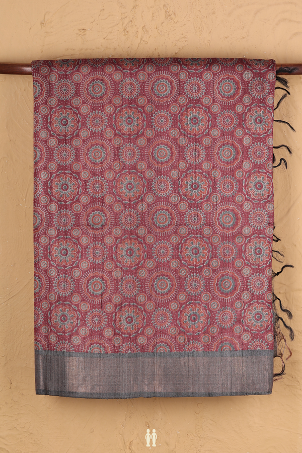 Tussar Silk Saree In Mulberry With Ajrakh Printed Design