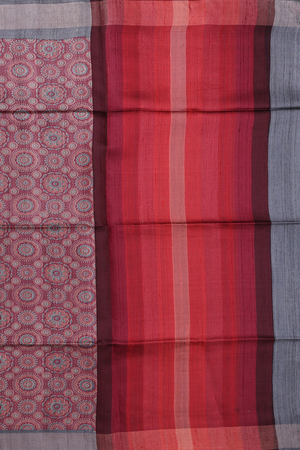 Tussar Silk Saree In Mulberry With Ajrakh Printed Design
