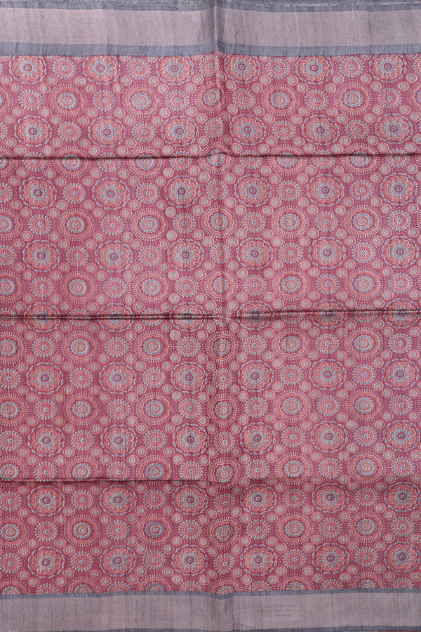 Tussar Silk Saree In Mulberry With Ajrakh Printed Design