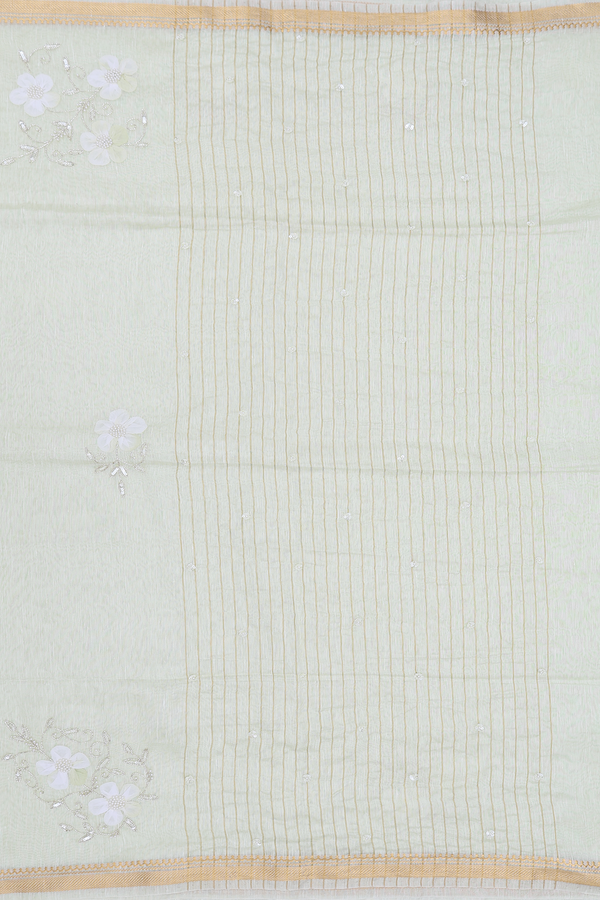 Linen Saree In Pale Green With Floral Motifs