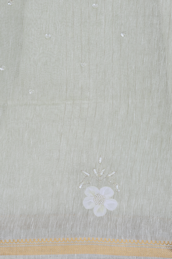 Linen Saree In Pale Green With Floral Motifs