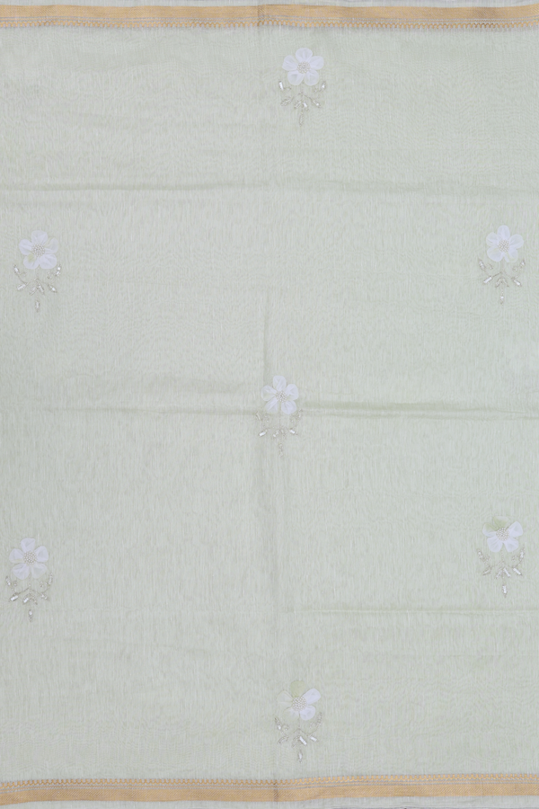 Linen Saree In Pale Green With Floral Motifs