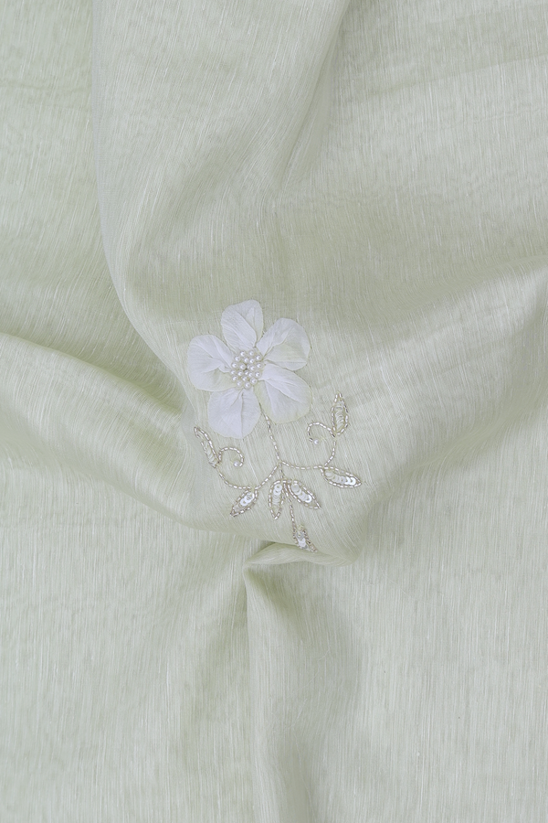 Linen Saree In Pale Green With Floral Motifs
