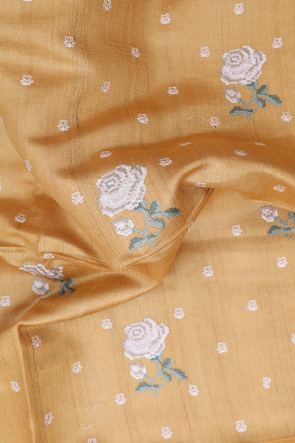 Tussar Silk Saree In Yellow With Floral Buttas