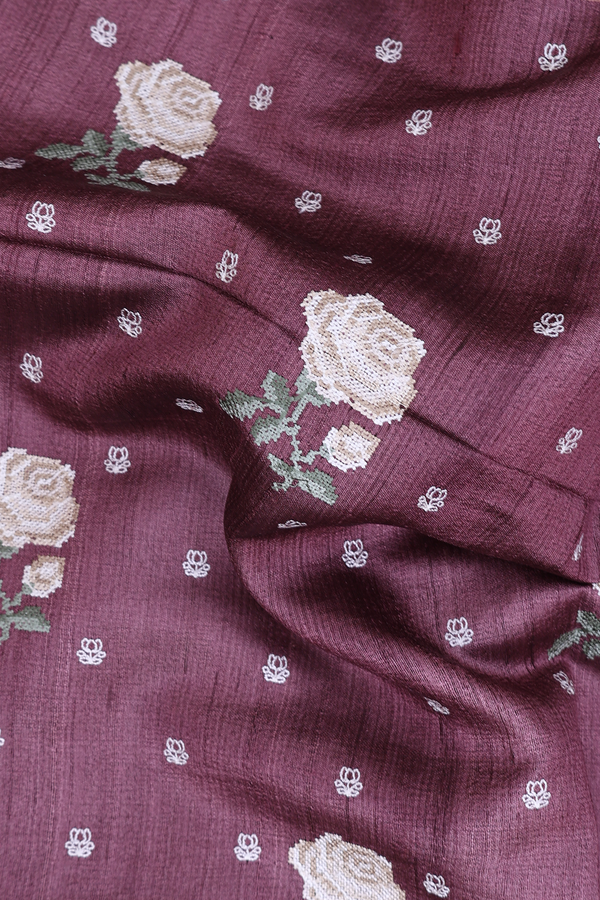 Tussar Silk Saree In Cocoa Brown With Floral Buttas