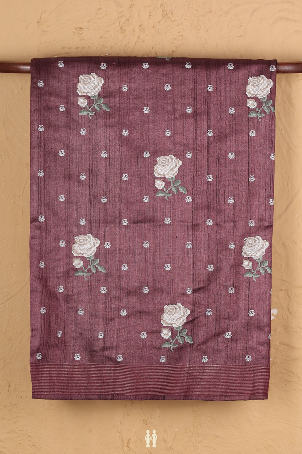 Tussar Silk Saree In Cocoa Brown With Floral Buttas