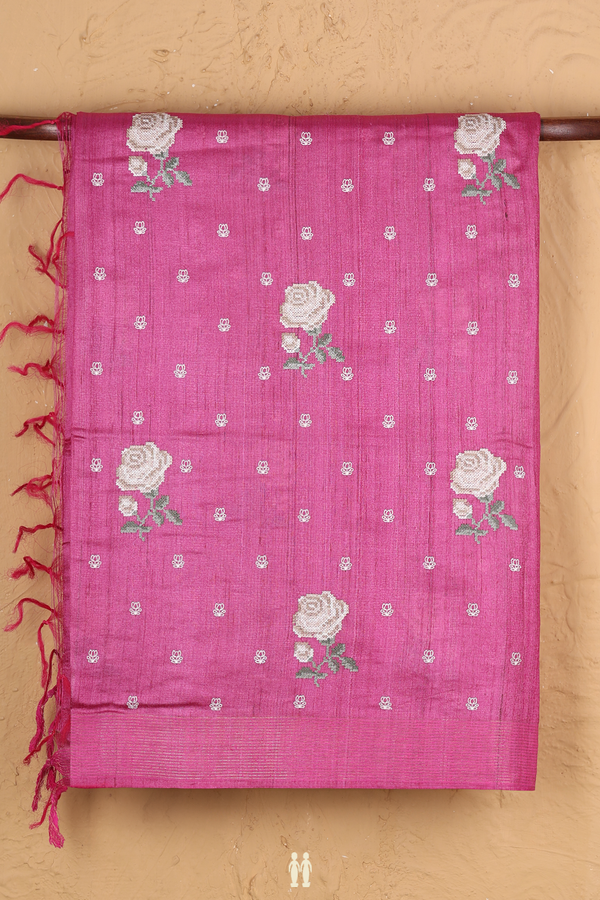 Tussar Silk Saree In Pink With Floral Buttas