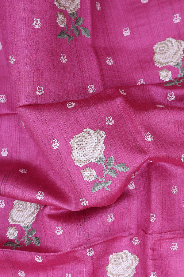 Tussar Silk Saree In Pink With Floral Buttas