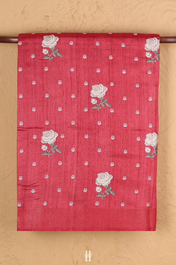 Tussar Silk Saree In Chilli Red With Floral Buttas