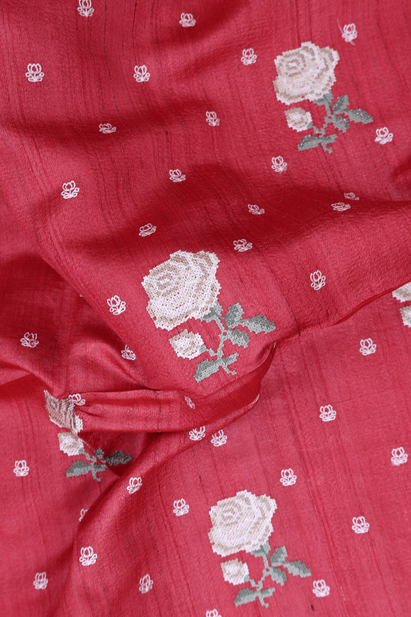 Tussar Silk Saree In Chilli Red With Floral Buttas