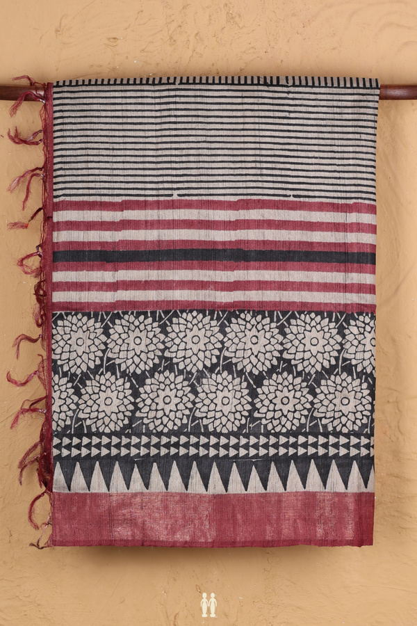 Tussar Silk Saree In Off White With Stripes Design