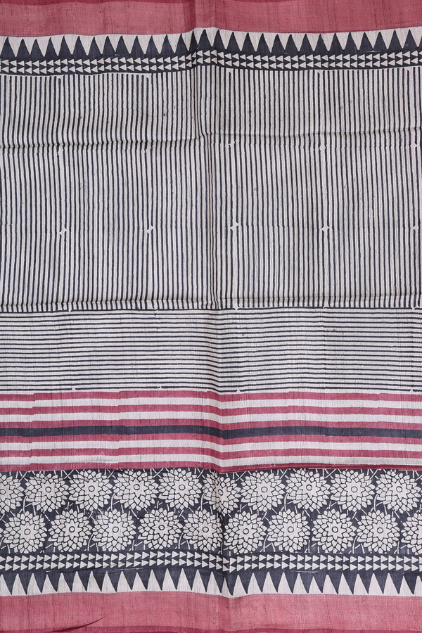 Tussar Silk Saree In Off White With Stripes Design