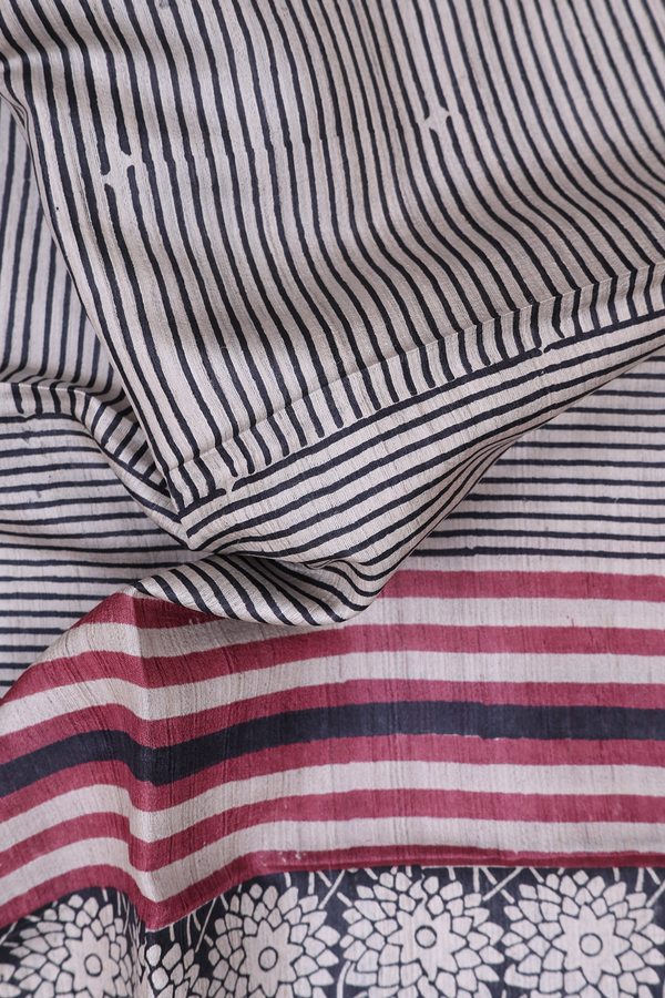 Tussar Silk Saree In Off White With Stripes Design