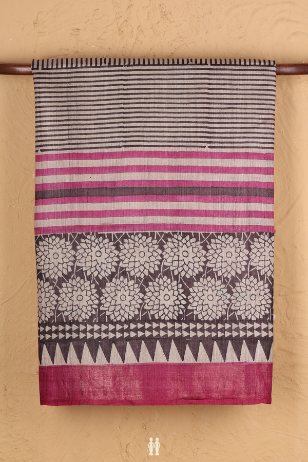 Tussar Silk Saree In Cream Color With Stripes Design