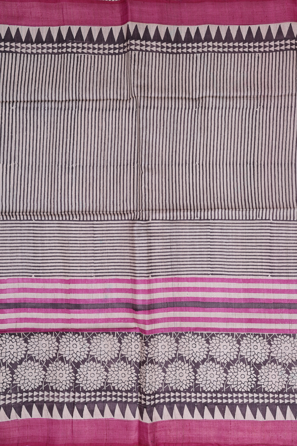 Tussar Silk Saree In Cream Color With Stripes Design