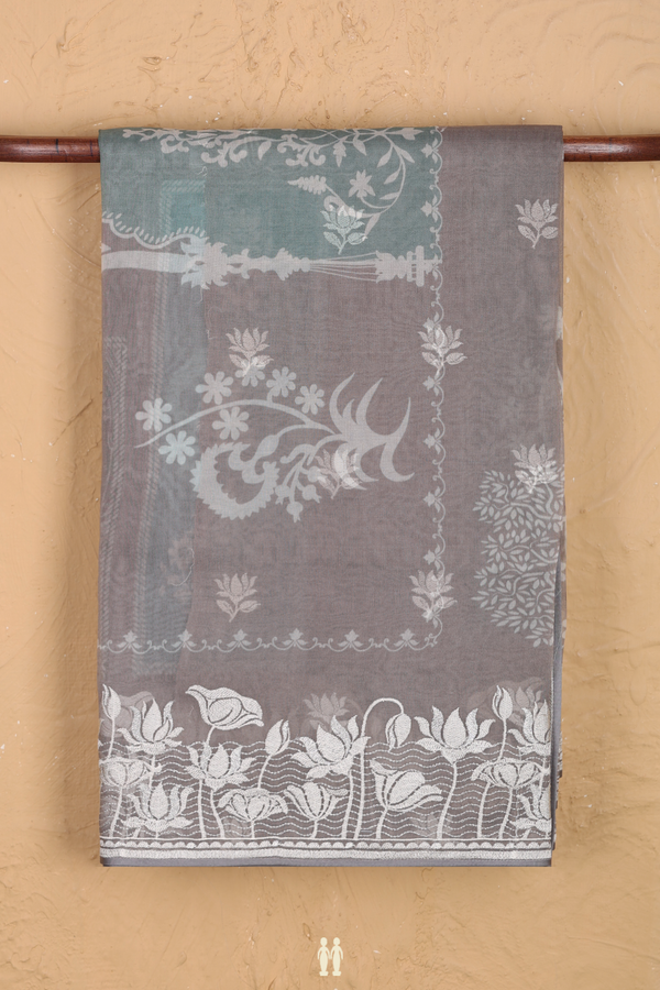 Organza Silk Saree In Grey With Tree Design
