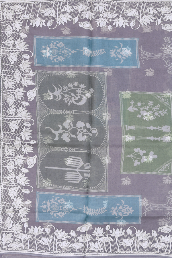 Organza Silk Saree In Grey With Tree Design