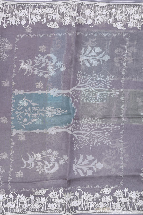 Organza Silk Saree In Grey With Tree Design