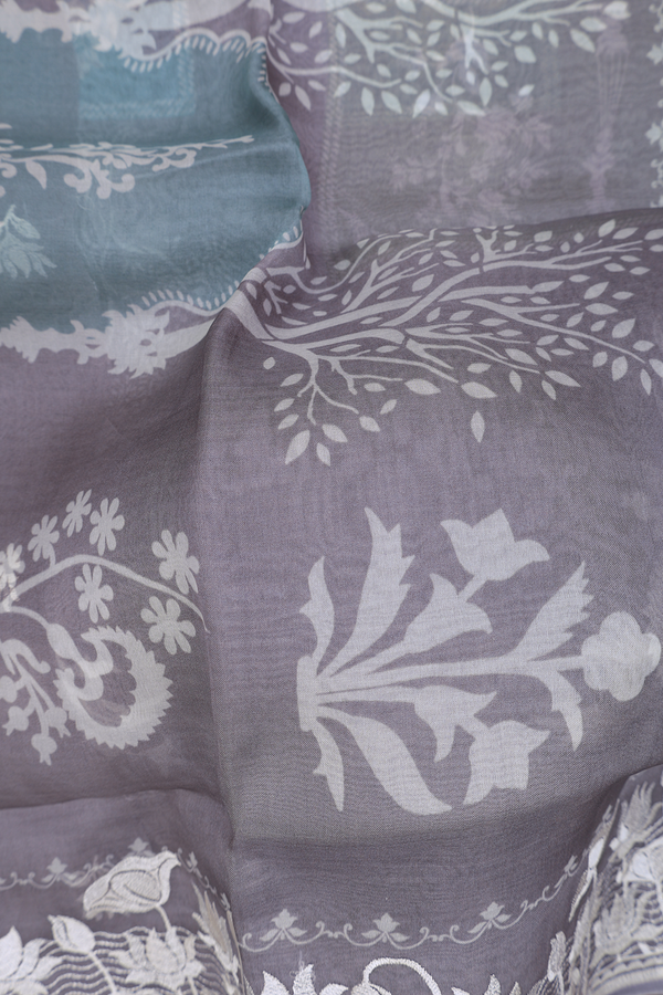 Organza Silk Saree In Grey With Tree Design