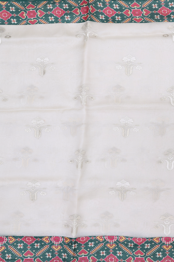 Organza Silk Saree In White With Floral Motifs