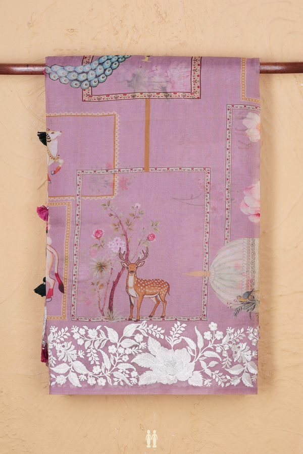 Organza Silk Saree In Dusty Lavender With Printed Design