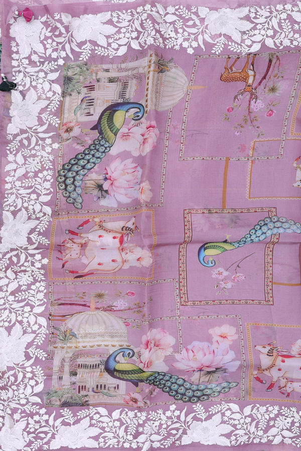 Organza Silk Saree In Dusty Lavender With Printed Design