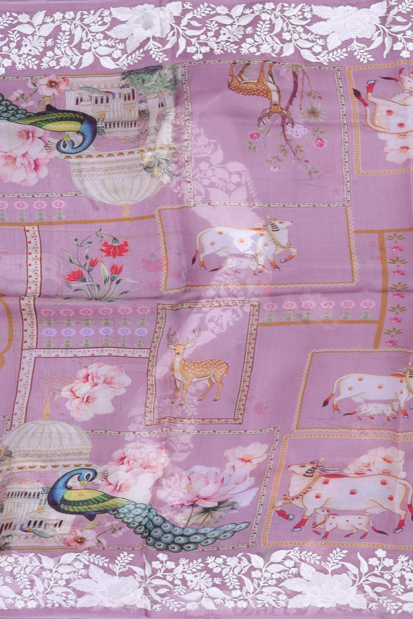 Organza Silk Saree In Dusty Lavender With Printed Design