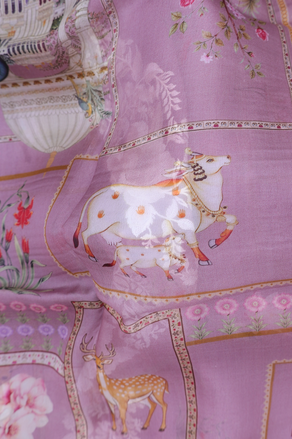 Organza Silk Saree In Dusty Lavender With Printed Design