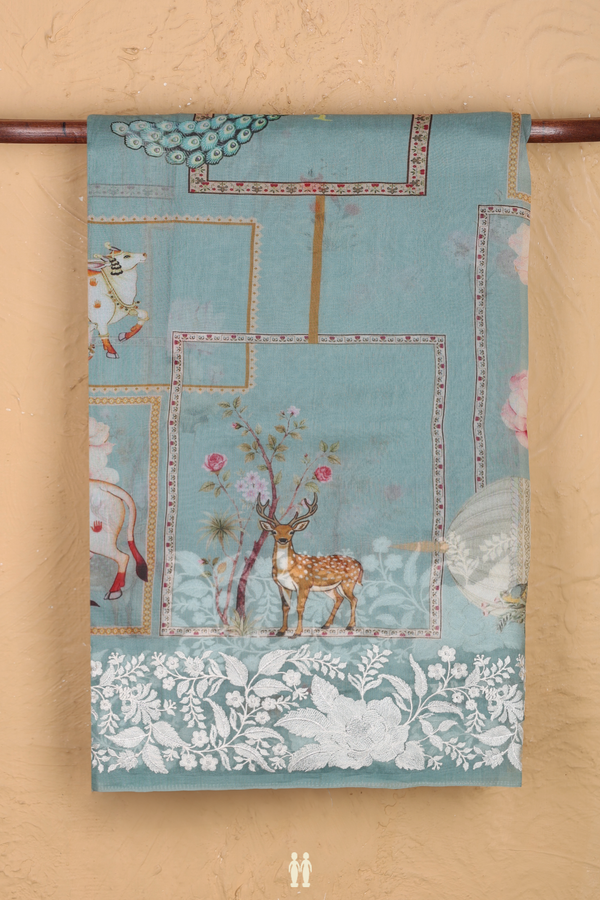 Organza Silk Saree In Greyish Green With Printed Design