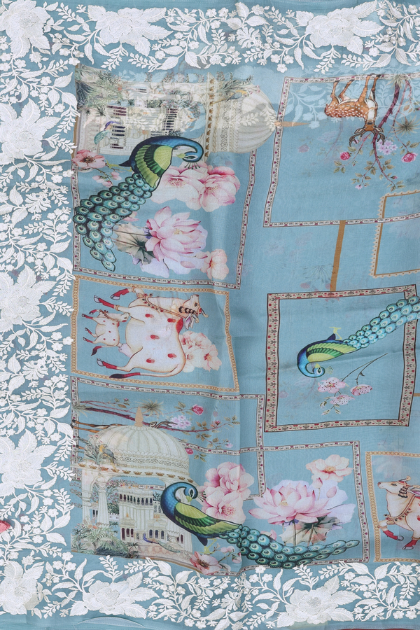 Organza Silk Saree In Greyish Green With Printed Design
