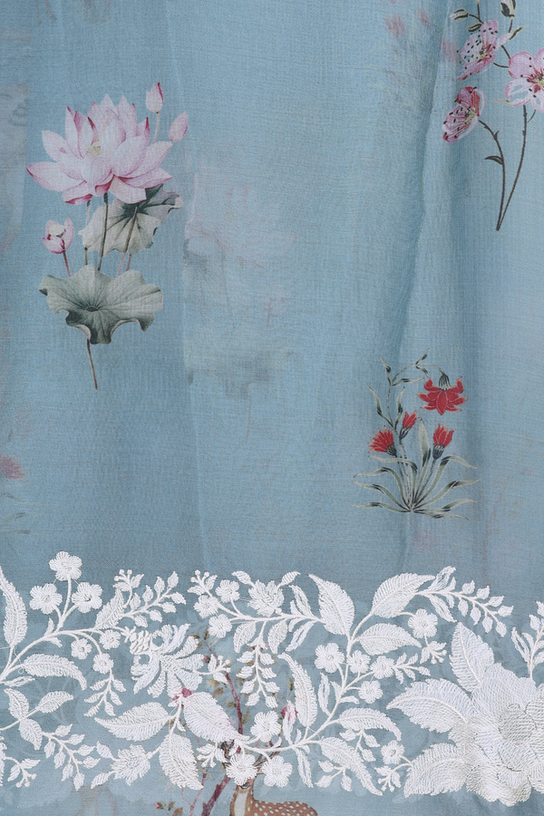 Organza Silk Saree In Greyish Green With Printed Design