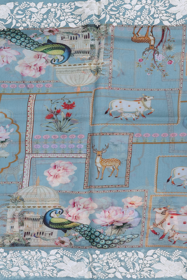 Organza Silk Saree In Greyish Green With Printed Design