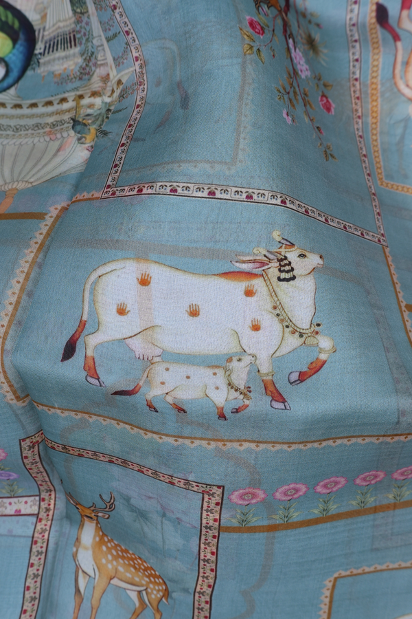 Organza Silk Saree In Greyish Green With Printed Design