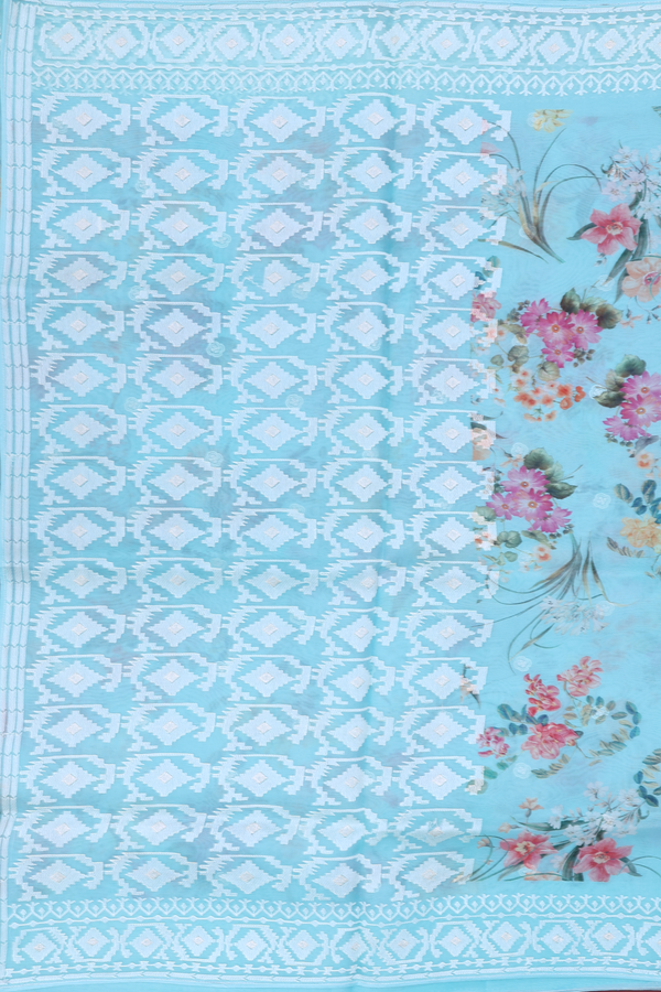 Organza Silk Saree In Light Blue With Floral Design