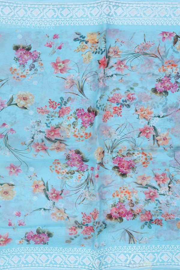 Organza Silk Saree In Light Blue With Floral Design